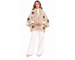 Luxe Geborduurde Poncho Dames – 3D Bloemen -70% Viscose & Wol--Herfst/Winter-Omslagdoek-Sjaal-Vest-One Size-NGPC-W2601 Beige