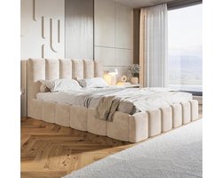 Luxe Gestoffeerd Bed 160x200 met Opbergruimte – Zonder Matras – Suède Hoofdbord – Crème Beige – Modern Design Tweepersoonsbed met Lattenbodem en Hydraulisch Opbergsysteem