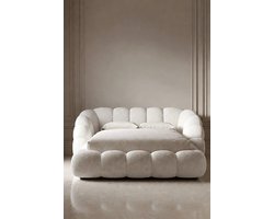 Luxe Gestoffeerd Boxspring Bed 180x200 met Opbergruimte en Gasveer Lift – Modern Bouclé Design Dubbel Bed met Lattenbodem en Bedbox Zonder Matras in Wit | Mobili Bella Mia Storage Boxspring Bed