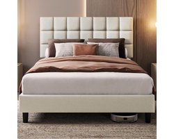 Luxe Gestoffeerd Tweepersoonsbed 140x200 cm met Verstelbaar Hoofdeinde, Stabiel Metalen Bedframe en Lattenbodem – Beige Design Bed voor Moderne Slaapkamers