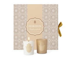 Luxe Geurkaarsenset met Hamsa Design – 7 Stuks – Rose, Oud & Musk Geuren – Decoratieve Kaarsen in Cadeaubox – Spirituele Sfeerkaarsen voor Ontspanning of Geschenk – Beige/Wit