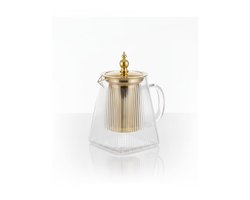 Luxe Glazen Theepot 950 ml – Met Goudkleurig Deksel & Infuser – Ribbeld Design – Voor Losse Thee & Verse Kruiden – Hittebestendig Borosilicaatglas