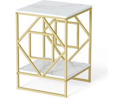 Luxe Gouden Marmeren Laptop Tafel 2 Niveau Opslagruimte - Woonkamer Kantoor Modern Consoletafel Goud Onderstel - Hal Kruk - Wandtafel Rastervormig Metalen Onderstel - Ingang, Gang Entree Wit Goud Marmer Bijzet Tafel Gepolijste Hoeken- Sterk & Stabiel