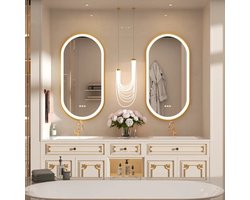 Luxe Gouden Ovale Badkamerspiegel LED Verlichting- Touch-Knop, geïntegreerd in het glas- Anti-Condens Verwarming- Dimbaar -Slimme IJdelheid Spiegel- Verlichte Innovatieve Make-Up Spiegel 80 x50 cm Gouden frame Design -Eyecatcher in uw Badkamer MODERN