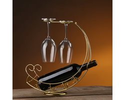 Luxe Gouden Wijnfleshouder met Glazenrek – Elegant Metaal Design voor 1 Fles & 2 Wijnglazen – Wijnstandaard Cadeau – Woondecoratie Bar Accessoire