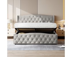 Luxe Grijs Fluwelen Tweepersoonsbed 140x200 cm met Hydraulisch Opbergsysteem – Comfortabel Dubbelbed met Opbergruimte voor Slaapkamer