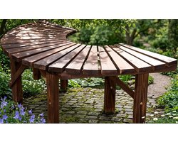 Luxe Halfronde Tuinbank van Gecarboniseerd Hout 150 cm – Weerbestendige Rustieke Boomring Bank met Kussens en 500 kg Draagvermogen voor Tuin & Terras