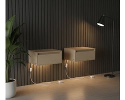 Luxe Hangend Nachtkastje met LED Verlichting in 3 Kleuren – Set van 2 – Zwevende Wandplanken met Lade – Modern Nachtkastje 35x40x18 cm – Industrieel Design – Natuurlijk Beige & Zwart – MDF & Spaanplaat – Medahomestore