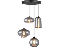 Luxe Hanglamp - 4-lichts Smoke Glas Bollen Design - Moderne Industriële Plafondlamp - Inclusief LED Lampen - Zwart Frame - Verstelbare Hoogte - Voor Woonkamer, Eetkamer, Slaapkamer