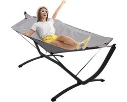 Luxe Hangmat met Standaard - Hammock - Extra Stevig - 260 x 98 x 90 cm - Grijze Polyester Hangmat - Metalen Frame - Draagvermogen 120 kg - Geschikt voor Binnen en Buiten - Ontspan in Stijl - Inclusief EBOOK