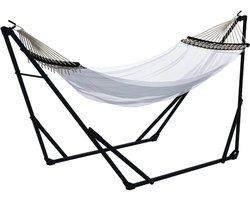 Luxe Hangmat met Standaard - tot 120 kg - Tuinhangmat met Stalen Frame, Opbergtas - Opvouwbaar - voor Binnen & Buiten, Tuin, Balkon - 263 x 89 x 100 cm - Zwart + Wit