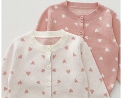 Luxe Hearts Jasje / Vest - Maat: 98/104 - Kleur: Roze met Witte hartjes - Crème / Offwhite / Gebroken Wit / Baby Roze - Baby & Kids - Hoge Kwaliteit - Vest / Gebreid Vestje / Jasje - Met Knoopjes - Schattig - Newborn - Kraamcadeau / Babyshower