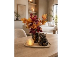 Luxe Herfst Decoratieset – Beige Dienblad met Handgeschilderde Vaas, Highlander Cow & LED Licht - 3D geprint - Uniek