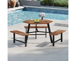 Luxe Hexagonale Picknickset voor 6 Personen – Massief Acaciahout met 3 Banken en Parasolgat – 191 x 165 x 70 cm – Robuust Metalen Onderstel – Modern Tuinmeubilair