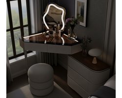Luxe Hoek Kaptafel met LED Spiegel & Kruk - Modern Make-up Bord met 3 Kleuren Verlichting - 5 Lades & Houten Design - Kapsalon Bord voor Slaapkamer & Hoekruimte - Wit 80 cm HomeByNicole