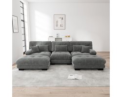 Luxe hoekbank - U-vormige bank, geschikt voor de woonkamer, slaapbank met voetenbank, grijs
