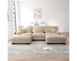 Luxe hoekbank - U-vormige bank, geschikt voor de woonkamer, slaapbank met voetenbank, lichte koffie