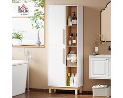 Luxe Hoge Badkamerkast met 2 Deuren en 4 Open Vakken, Verstelbare Planken, 62,5 x 35 x 176 cm, Wit & Houtlook – Multifunctionele Opbergkast voor Badkamer, Woonkamer en Keuken