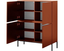 Luxe Hoge Dressoir Kast BEMMI – 100x35x122 cm – Steenrood – 4 Deuren – 8 Opbergvakken – Modern & Minimalistisch – Met Hoge Poten – Kras- & Vochtbestendig Melamine – Multifunctionele Opbergkast voor Woonkamer / Slaapkamer / Hal / Kantoor – MedahomeSto