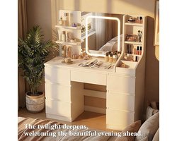 Luxe Hollywood Kaptafel met LED Verlichting, Grote Spiegel en 7 Lades (110 x 40 x 140 cm) – Moderne Witte Make-up Tafel met Opbergrekken en Verstelbare Lichtstanden