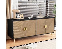 Luxe Hoogglans Dressoir met 4 Deuren – Modern Zwart Houtnerf Sideboard met Geborstelde Gouden Handgrepen, Softclose Scharnieren & Hoge Poten – 160x40x75 cm – Elegant Opbergmeubel voor Woonkamer & Eetkamer – Medahomestore