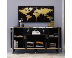 Luxe Hoogglans Dressoir met LED Verlichting – Modern Woonkamer Kast met 4 Deuren & Legplanken – Ruim Opbergmeubel in Zwart/Wit met Gouden Accenten – 150x40x79 cm – Elegant Sideboard voor Hal, Keuken & Slaapkamer – Medahomestore