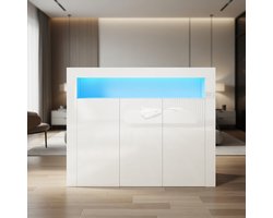 Luxe Hoogglans Witte Sideboard Kast met LED Verlichting – Greeploos Dressoir Keuken/ Hal/ Slaapkamer Opbergkast met 3 Deuren & Soft-Close – 116 x 93 x 35 cmMobili Bella