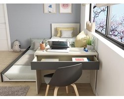 Luxe Hoogslaper met Bureau – Stapelbed 2x 90x200 cm – Houten Kinderbed & Tienerbed – Inclusief Werkplek – Kleur: Naturel & Antraciet – Ruimtebesparend Design IndustrialHome