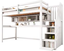 Luxe hoogslaper voor kinderen - 90x200 cm - Met bureau - Kinderbed - stapelbed - Met Hoektrap, valbeveiliging en raam - Peuterbed