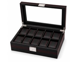 Luxe Horloge Doos – Opbergdoos – 10 Vakken - Kist – Carbon Fiber look – Verwijderbaar Kussens – Watch Box – Leder – Leer – Zwart - Rood
