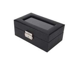 Luxe Horloge Doos – Opbergdoos – 3 Vakken – Sieradendoos – Kist - Carbon Fiber look – Verwijderbaar Kussens – Watch Box – Leder – Leer – Zwart