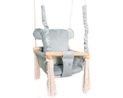 Luxe houten beer handgemaakte licht grijze baby schommel en kinder schommel met beer oor vormig kussen – Baby swing - Schommelstoel - Schommels - Beren oren