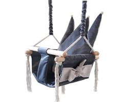 Luxe houten handgemaakte donker grijze baby schommel en kinder schommel met kroon vormig kussen – Baby swing - Schommelstoel - Schommels