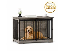 Luxe Houten Hondenbench Meubel – 2 Deuren – Kauwbestendig – Bijzettafel & Hondenkooi – Voor Middelgrote Honden – Grijs – 100x68x64 cm
