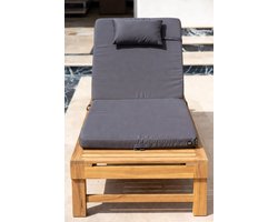 Luxe Houten Ligstoel met Donkergrijs Kussen – Verstelbare Tuin- en Zonnebed Stoel van Massief Acaciahout – Relaxstoel voor Terras, Tuin & Balkon – Comfortabele Tuinstoel met Zit- en Rugkussen – MedaHomeStore