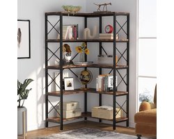 Luxe Industriële 5-Laags Hoek Boekenkast met 10 Planken en Metalen Frame – Ruimtebesparende Corner Shelf voor Woonkamer, Slaapkamer & Kantoor 80x80x167,5 cm