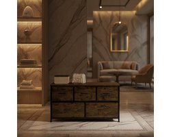 Luxe Industriële Commodekast met 5 lades - Vintage Houtlook Zwart + Bruin - Dressoir TV Kast & Opbergkast voor Slaapkamer, Woonkamer en Hal - 100x30x54 cm - Robuust Metalen Frame - FSC Hout - Casa Serena