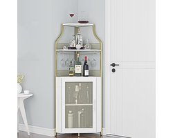 Luxe Industriële Hoek Barkast met Glazenhouder - Wijnkast 5 Lagen met Glazen Deuren - Metaal & Hout - 47x47x154 cm - Goud