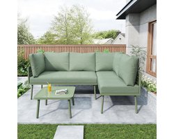 Luxe Industriële L-vormige Tuin Loungeset Groen Touw met Tafel en Kussens – 2 Zits Banken met Tempered Glass Salontafel, Weerbestendig IJzeren Frame 120x60x72 cm