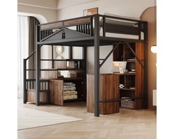 Luxe Industriële Loftbed 140x200 cm met Opbergruimte, Veilige Trap en Raamdesign – Metalen Hoogslaper Zwart met Kast & Valbeveiliging