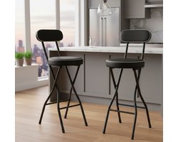 Luxe Inklapbare Barkruk Set van 2 – Comfortabele Hoge Barstoel met Rugleuning en Voetensteun – Inklapbare Stahulp voor Bar, Keuken, Terras en Outdoor – Zwart 65 cm – Draagkracht 125 kg Vita Interior