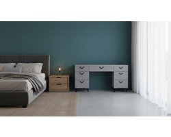 Luxe Kaptafel “Anett Deluxe” – Grijs 150 cm Zonder Spiegel – Moderne Make-up Tafel met 7 Laden, Stijlvolle Ladekast voor Slaapkamer, Make-uptafel met Ruime Opbergruimte – Elegant Design met Metalen Poten