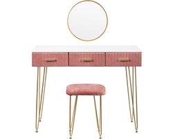 Luxe Kaptafel - Make-up Tafel - Dressoir - Toilettafel - Opmaaktafel - Inclusief Spiegel en Kruk - Velvet Look - Dames/Tieners