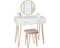Luxe Kaptafel – Met Kruk en Spiegel – Make Up Tafel – Voor Vrouwen – Ronde Spiegel – Hoogwaardige Materialen – Roze & Wit