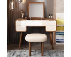 Luxe kaptafel met kruk – massief essenhout – opklapbare kaptafel met grote spiegel en 4 lades – 2-in-1 kaptafel, bruikbaar als bureau – modern design, ruw hout/walnoot HomeByNicole