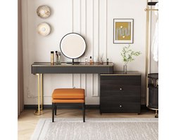 Luxe kaptafel met LED-spiegel en kruk – Uitschuifbare ladekast van massief hout – Moderne make-upset met veel opbergruimte, glazen blad en poten van roestvrij staal – Zwartbruin 120 cm HomeByNicole