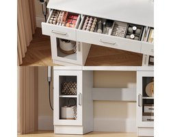 Luxe kaptafel met LED-spiegel en kruk - Verstelbare 3-kleurige verlichting, 3 lades en 9 open planken - Moderne make-uptafel met opbergruimte voor de slaapkamer - Wit (110x40x140 cm) HomeByNicole