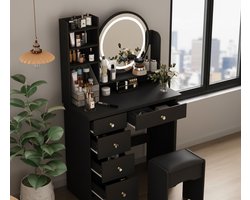 Luxe kaptafel met LED-spiegel en verlichting – Moderne kaptafel met 5 lades, open planken en kruk – Zwarte cosmeticatafel 135x80x40 cm – Make-uptafel met touchbediening en dimbare verlichting HomeByNicole