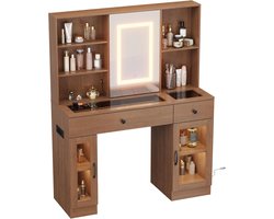 Luxe Kaptafel met LED Spiegel & Glazen Bovenblad - Make-up Tafel met 3 Kleurmodi, Glazen Vitrines en USB/AC Stopcontacten - Krasbestendig - bruin