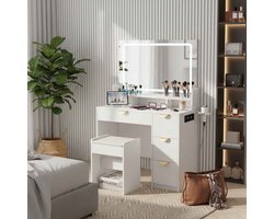 Luxe Kaptafel met LED Spiegel & Kruk - ADFBL - Make-up Tafel 90 cm met Stopcontact & USB - Bureau met 4 Lades & Gouden Grepen - 3 Lichtkleuren Dimbaar - Wit